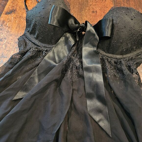 Black Sheer Lace Babydoll 36B Bow Flyaway Nightie Romanticcore Coquette Boudoir - Picture 2 of 9